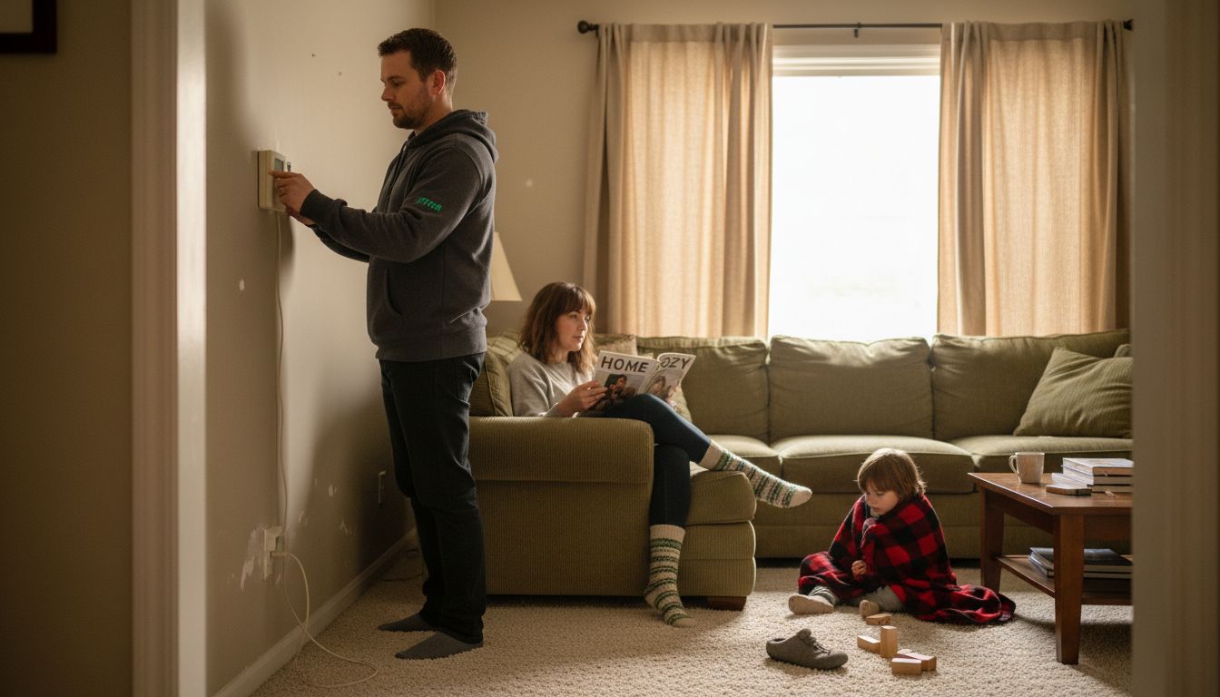 Family adjusting thermostat in cozy living room Family adjusting thermostat in cozy living room